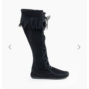 MINNETONKA KNEE HIGH FRONT LACE UP BOOTS MOCCASINS Black LEATHER men’s 12 1929